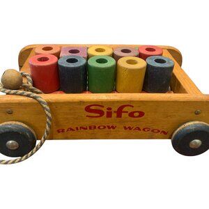 Vintage 1960s SIFO Wooden Wagon Pull Toy Rainbow Preschool